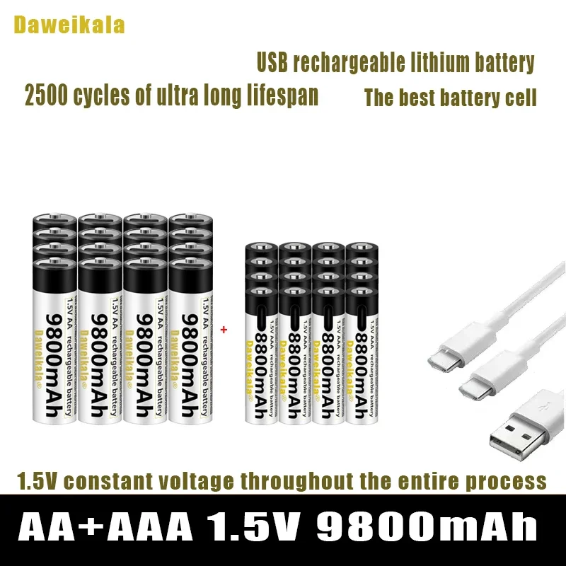 1.5V AA + AAA USB Rechargeable battery  AA 9800mAh/AAA 8800mAh li-ion batteries for toys watch MP3 player thermometer+ Cable