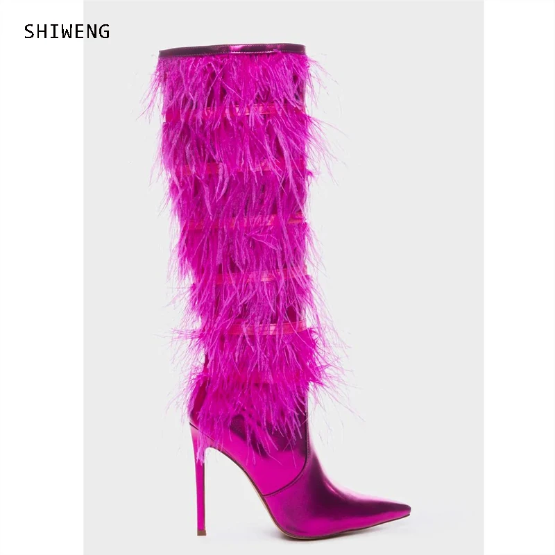 Rose Red Feather Fringe Women Boots 2023 Sexy Pointed Toe Full Fur Thigh High Boots Thin Heels Runway Over The Knee Botas 44