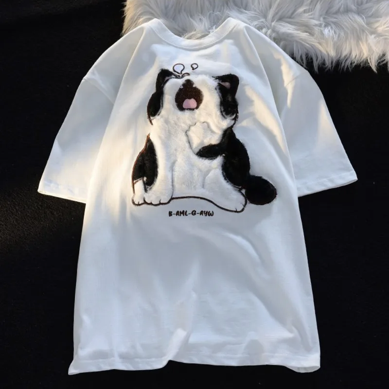 Cute Sleeping Cat Plush Embroidered Short-sleeved T-shirt Women's Summer Preppy Style Lovely Loose Top Couple Matching Tee Shirt