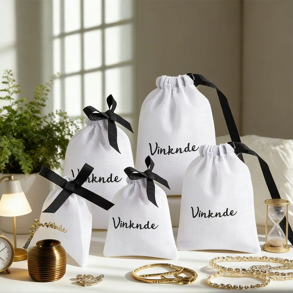 

100pcs/Lot Custom Logo White Cotton Jewelry Packaging Ribbon Bag Canvas Drawstring Pouch Black Drawstring Christmas Gift Wedding