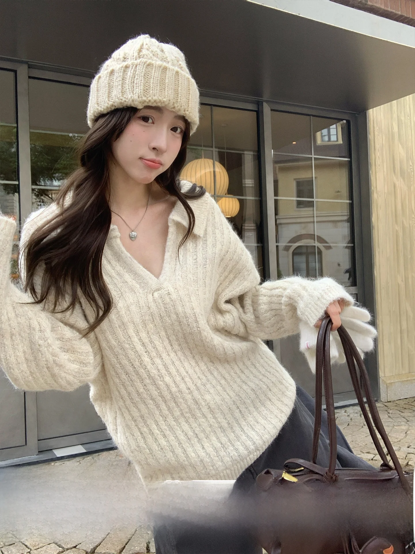 

Loose Korean Sle Women's Knitted Ne Sweater Morning Bloom Autumn Winter Warm Fing Long Sve V-Ne Top