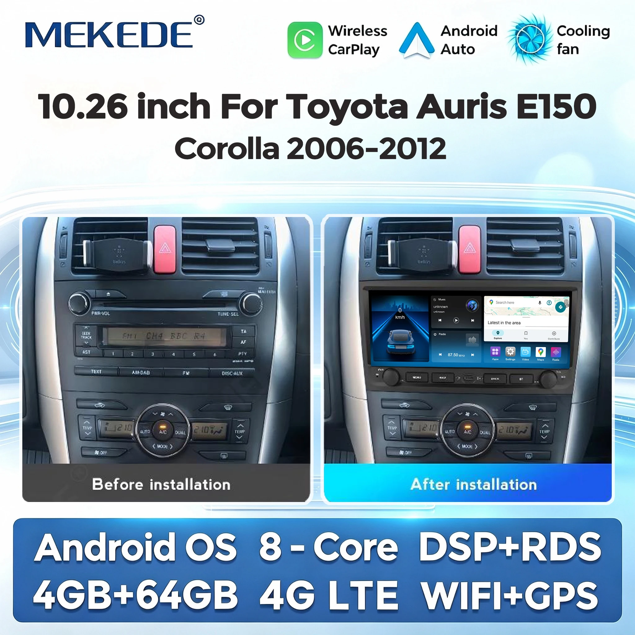 MEKEDE Autoradio 8 Core 4+64GB Stock UE per Toyota Auris Corolla 2006-2012 Android 15 Lettore Multimediale BT 4G LTE WIFI DSP RDS Carplay Wireless Android Auto Schermo di Navigazione OEM