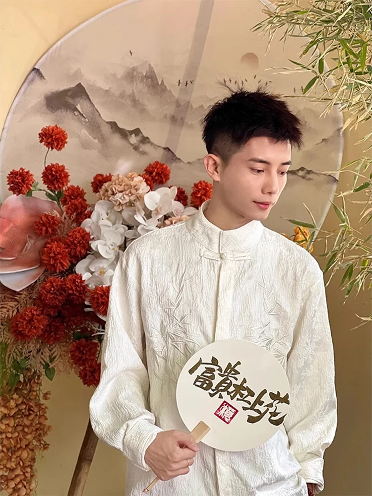 New Chinese Style Men's Shirt Bamboo Leaf Design Formal Sensation Cool Dressing Reformed Tang Costume Long Sleeve Spring Wear
