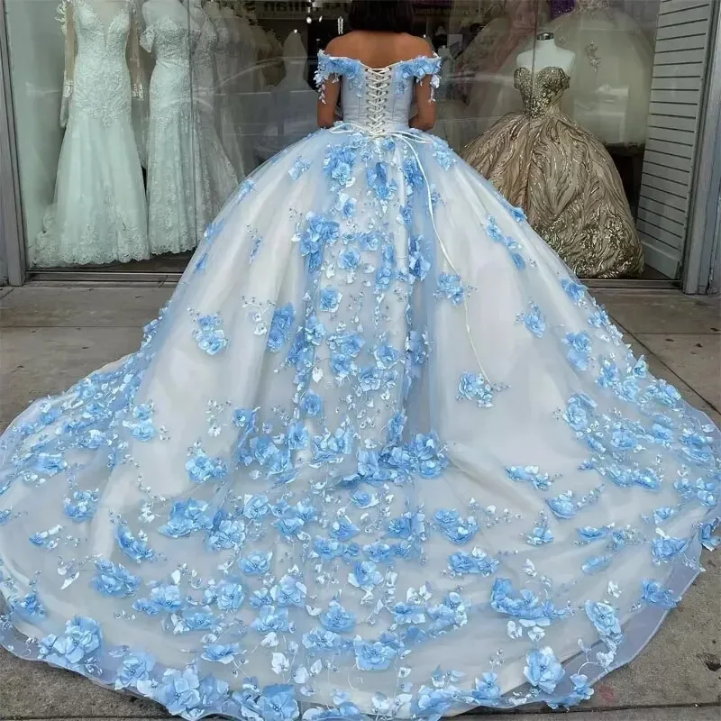 Gillter Light Blue Charming Ball Gown Quinceanera Dresses 3D Floral Tulle Off The Shoulder Brithday Party Vestidos De Quinceañer