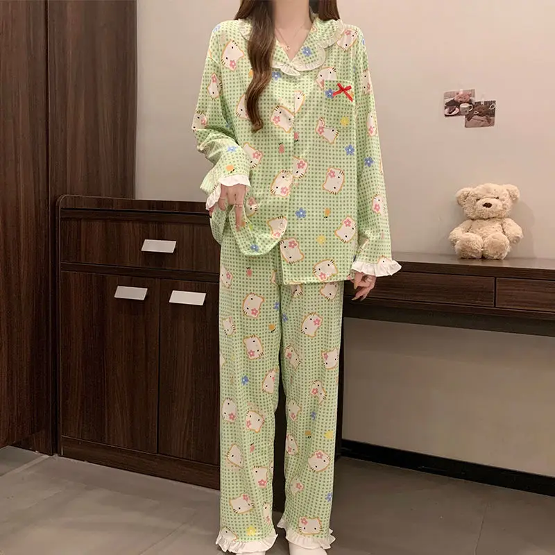 

Брюки Sanrio, 2 шт., пижамы Hello Kitty, новый стиль, весенне-осенние, с длинными рукавами, милая модная свободная домашняя одежда с героями мультфильмов, костюм