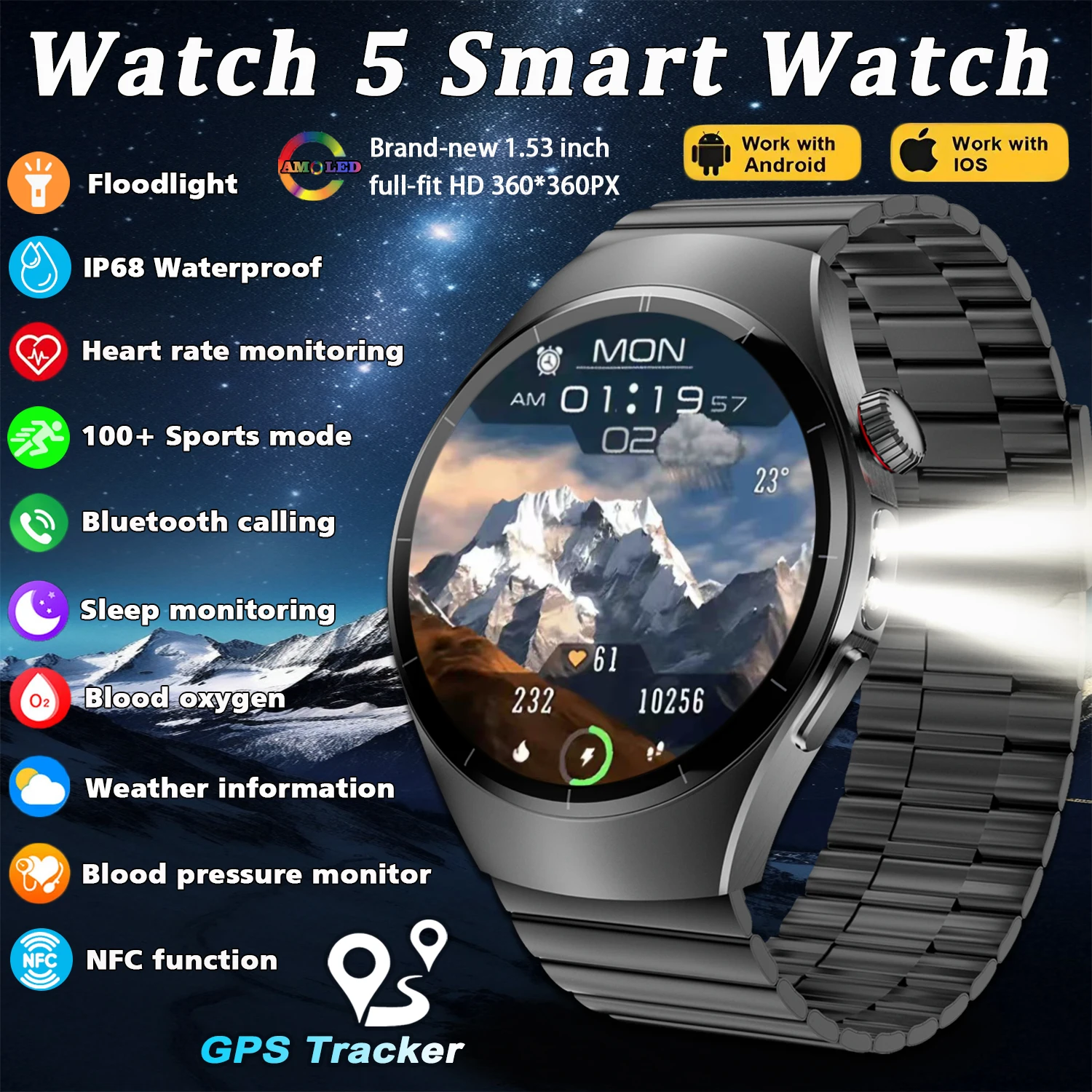 

2025 Новые спортивные часы с GPS NFC Watch5 Смарт-часы 360*360 HD AMOLED-экран Bluetooth-вызов Сердечный ритм Смарт-часы для Android IOS