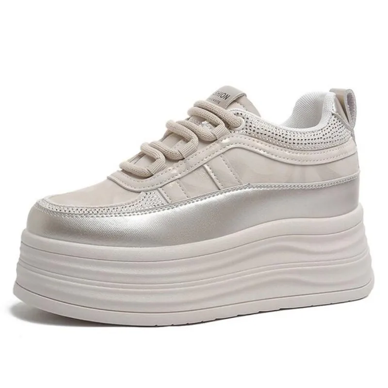 9cm NEW Trend Leather Women Synthetic Chunky Sneakers Spring Skateboarding Casual Platform Wedge Female Autumn Vulcanize Shoes