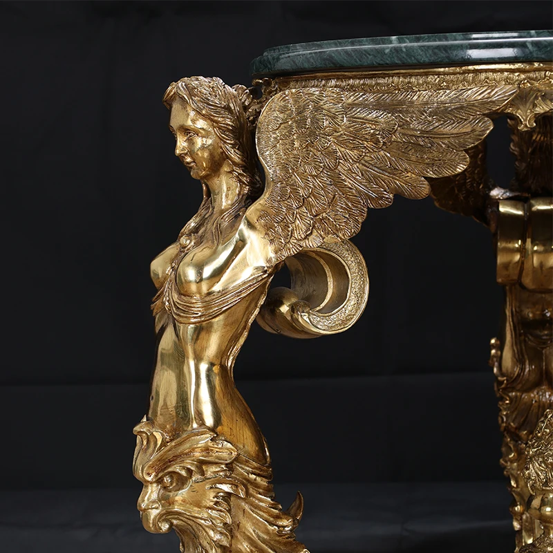 Italian Baroque Villa Castle Brass Carved Angel Goddess Wings Marble Leisure Table