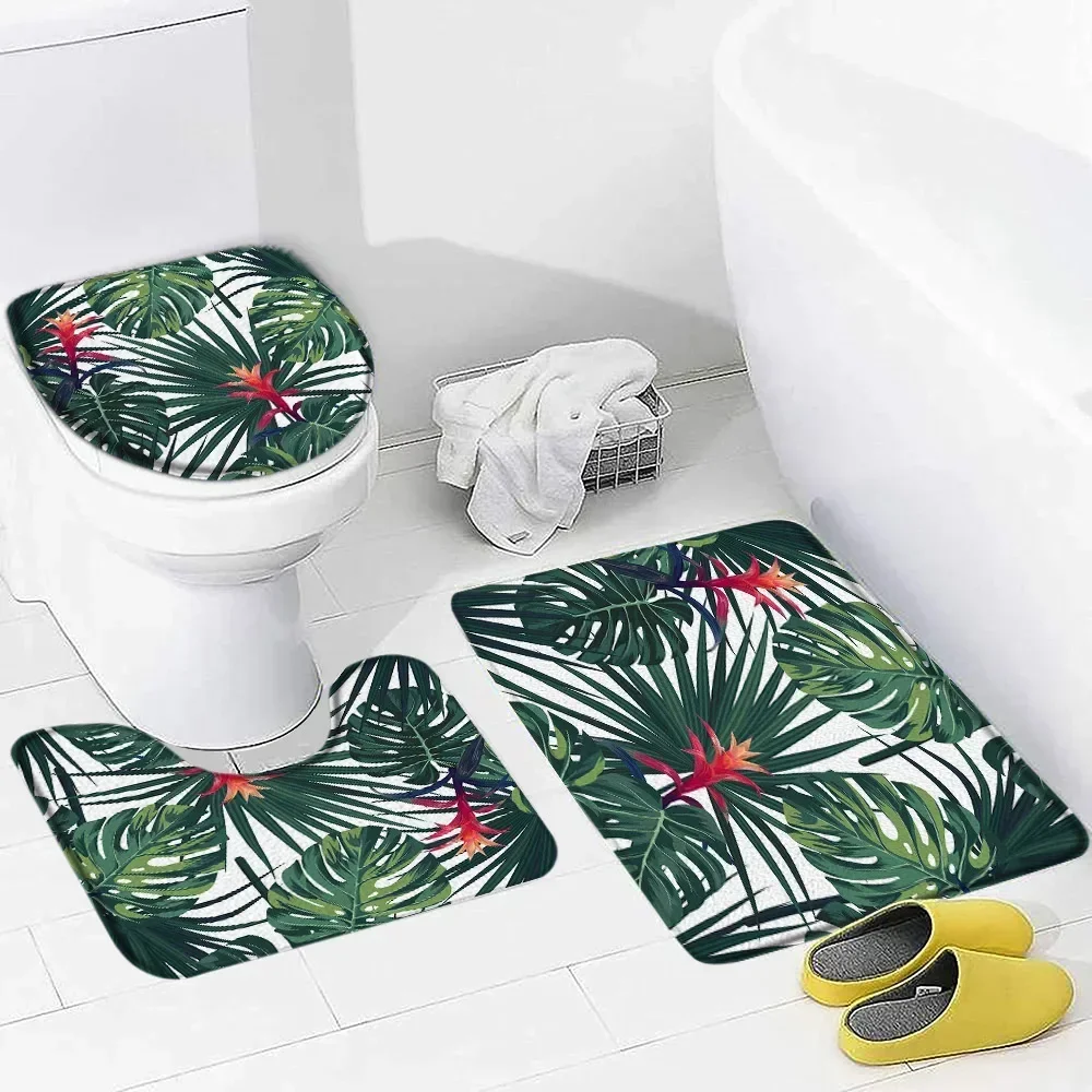 Tropical Leaves Bath Mat Set Watercolour Palm Leaf Monstera Plant Home Floor Carpet Bathroom Decor Non-Slip Rug Toilet Lid Cover