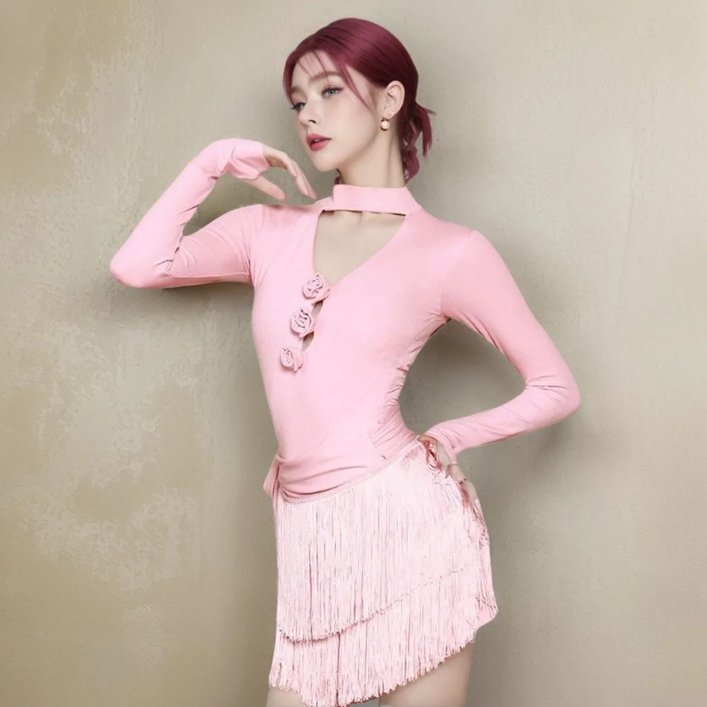 Latin Dancewear Top Women Long Sleeve Hollow Bodysuit Built Chest Pads Slim Fit Modern Dance Training European Style Stage Top