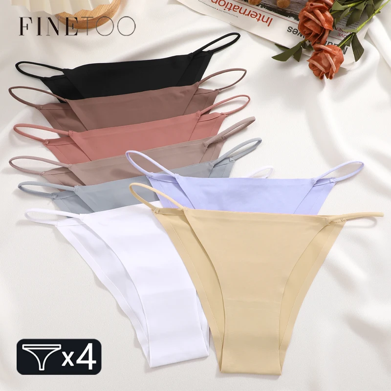 FINETOO 4Pcs/set Sexy Ice Silk Underwear for Women Seamless Briefs Panties Female Soild Thin Strap Lingerie Breathable Intimates