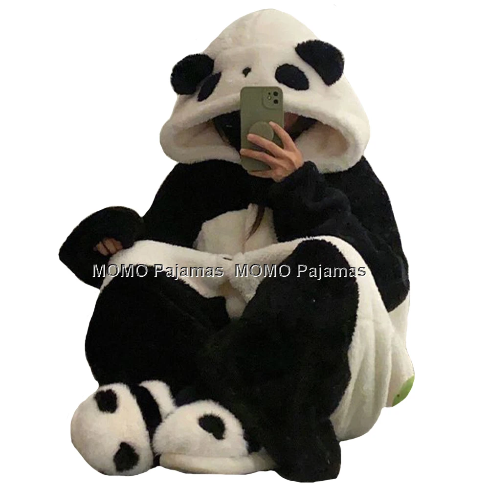 Black And White Panda Cosplay Thick Loose Nightdress Christmas Halloween Animal Hooded Bathrobes Plus Size Nightgown Sleepshirts