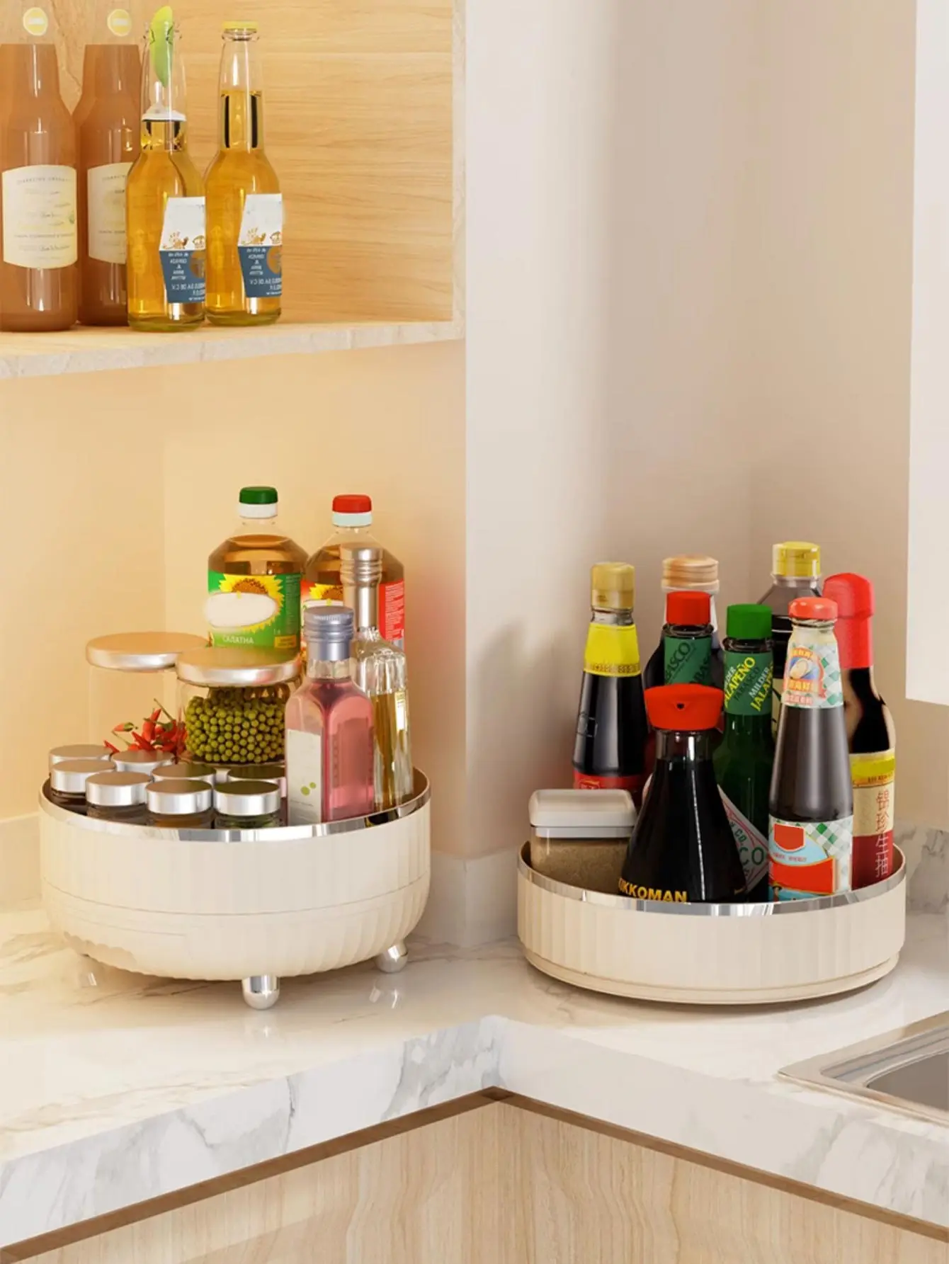 

360 ° Вращающаяся подставка для специй, 1/2-уровневая, большая емкость, круглая пластиковая подставка для хранения, органайзер для кухни, лоток для хранения в шкафу