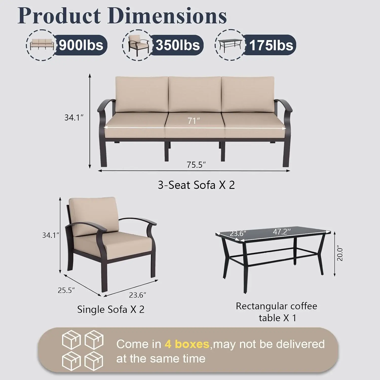 Aluminum Patio Sofa Set 8-seat Outdoor Sectional w/5.1