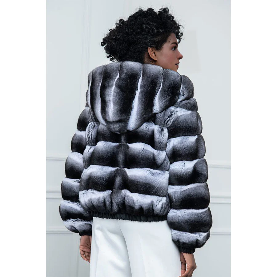 Winter Jackets Women Fur Hooded Fluffy Coats Female Chinchilla Rabbit Fur Coat High Quality Natural Rabbit Fur Jacket