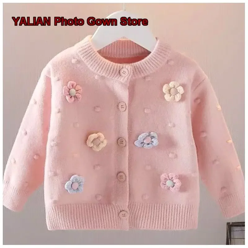 Girls Cardigan 2026 Knit Top Children Baby Girl Three-Dimensional Floral Stylish Jacket Trendy Kids