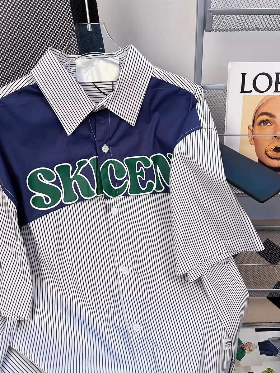 트렌디한 미국식 배색 스트라이프 또는 루즈핏 캐주얼 얇은 빈티지 남성 여름 상의 패셔너블 칼라