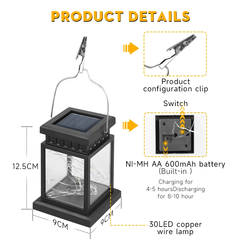 Lanterne Solaire LED Imperméable Portable, Luminaire Décoratif d\'Extérieur, Idéal pour un Jardin, une Cour ou un Festival