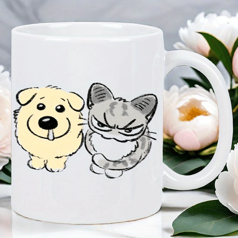 Cute ceramic mug featuring adorable dog and cat designs, adorned with cute pet sitting poses, perfect for home and office use.