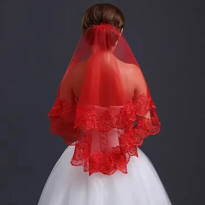 Korean High-End Lace Red Veil Bridal Wedding Accessories