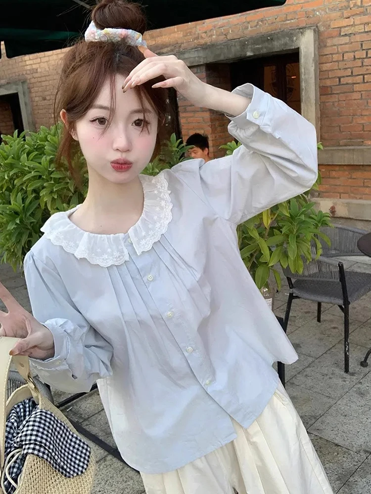 

Sweet Women Cute Shirt Preppy Style Lace Patchwork Long Sleeve Blouse Vintage Japan Kawaii Female All Match Casual Tops New