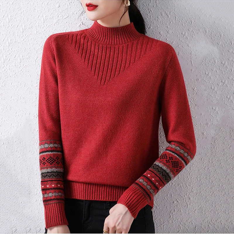 

2024 Autumn Winter Stripes Sweaters Women Half Turtleneck Pullovers Sweaters Soft Warm Knitting Tops Women Vintage Bottom Shirts