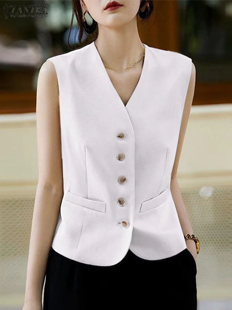 ZANZEA Casual Single-breasted Tops Women Sleeveless Vests Fashion V-Neck Office Waistcoat 2024 Summer OL Solid Color Outwears