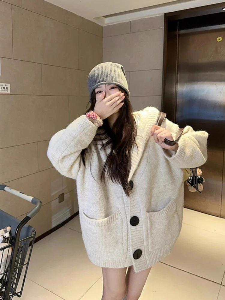 

Ladies Thiened Knitted Hooded Open Cardigan Soft Cozy Autumn Winter Sweater Outerwear Loose Fit Commute Sle Polyester Fiber