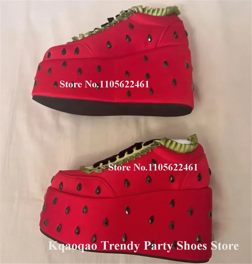 Charming Red Satin Black Rhinestone Decor Wedge Short Boots Round Toe Green Ruffles High Platform Height Increasing Sneakers