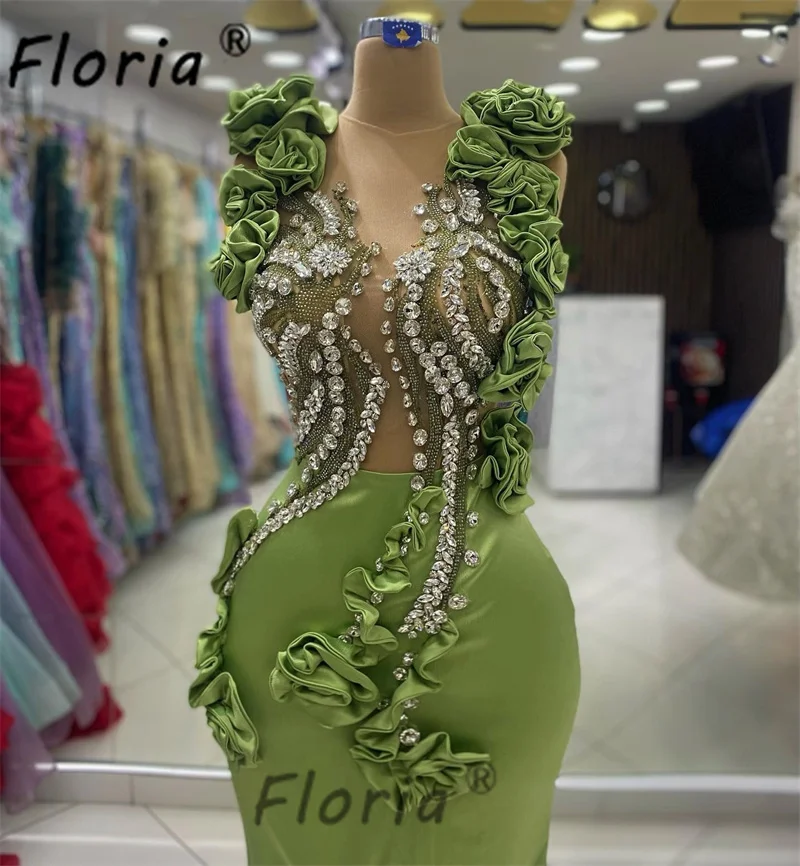 Primavera Verde Fiori 3D Abiti da sera Applicazioni floreali Sheer Mermeid Prom Dress Celebrity Party Gown abiti da sera 2024