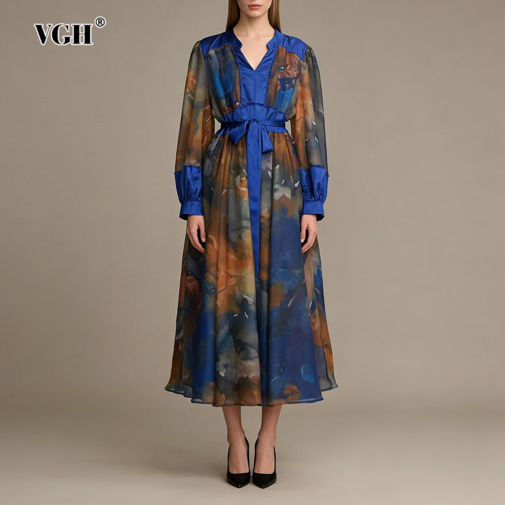 Vgh colorblock impressão malha drapeado vestidos para mulher com decote em v lanterna manga emendado rendas até elegante vintage midi vestido feminino
