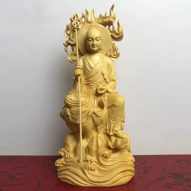 Handmade Boxwood Ksitigarbha Buddha Sculpture Wood Carving Bodhisattva Figurine Altar Desktop Ornament Religious Gift