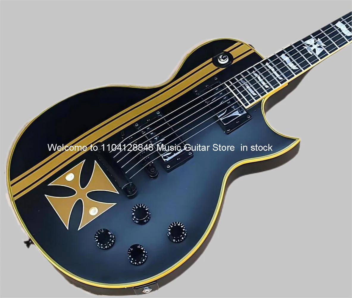 Elegant IRON CROSS SW Old Electric Guitar Yellow Striped Cross,Black Body and Black Hardwares,Special Frets Inlay,can be customi