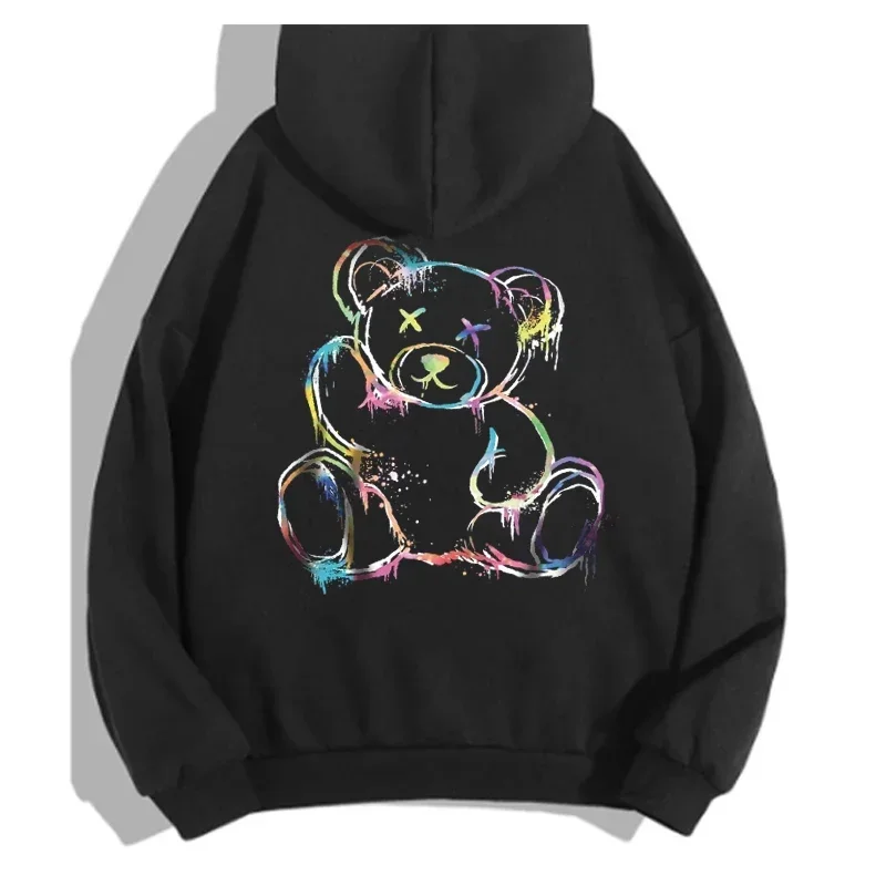 Cartoon Colorful Bear Printed Drawstring Hoodie Women\'s Casual Long Sleeve Fleece Hoodie Fashion High Street Y2K Women\'s Wear