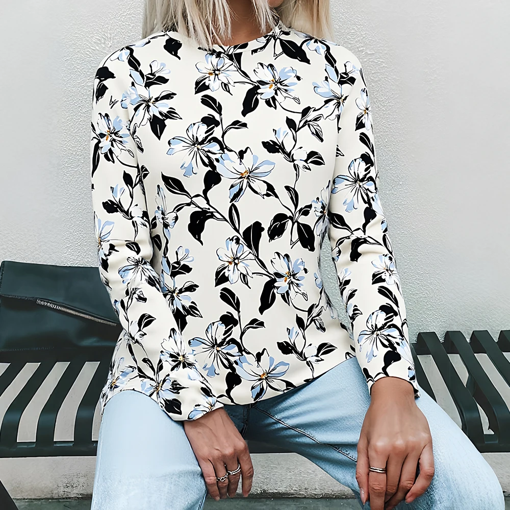 

Женские осенние футболки Mia Muse 2025: элегантные базовые футболки с длинными рукавами и круглым вырезом с цветочным принтом и принтом