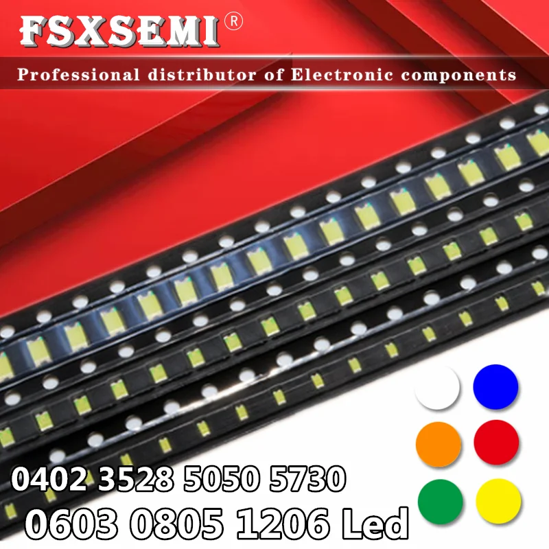 100pcs 0402 0603 0805 1206 3528 1210 5050 5730  SMD Led Red Yellow Green White Blue light emitting diode Clear LED Light Diode