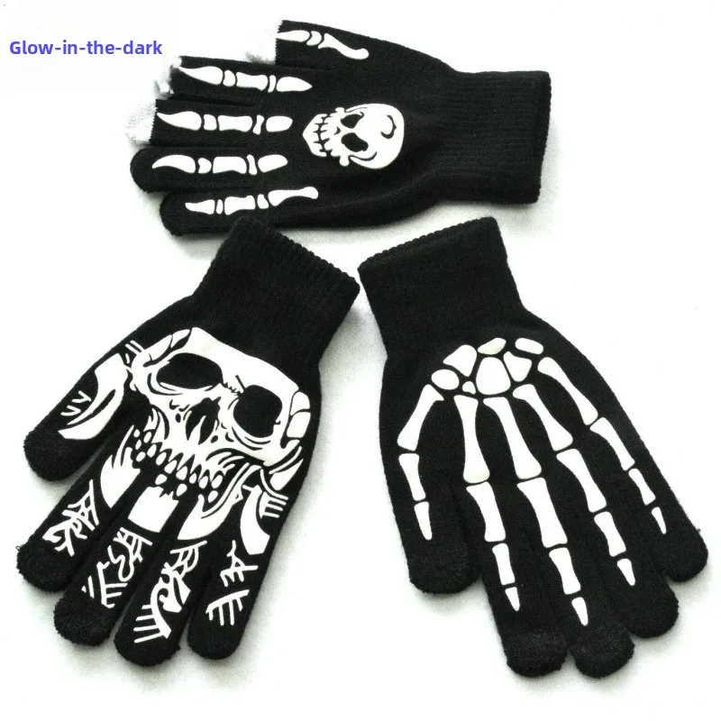 Adult halloween skull ghost claw print fluorescent glow-in-the-dark gloves outdoor cycling warm knit gloves
