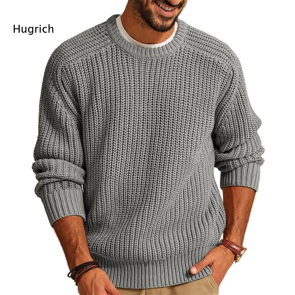 Male Vintage Round Neck Chunky Knitted Pullover Long Sleeve Cozy Comfortable Casual Top