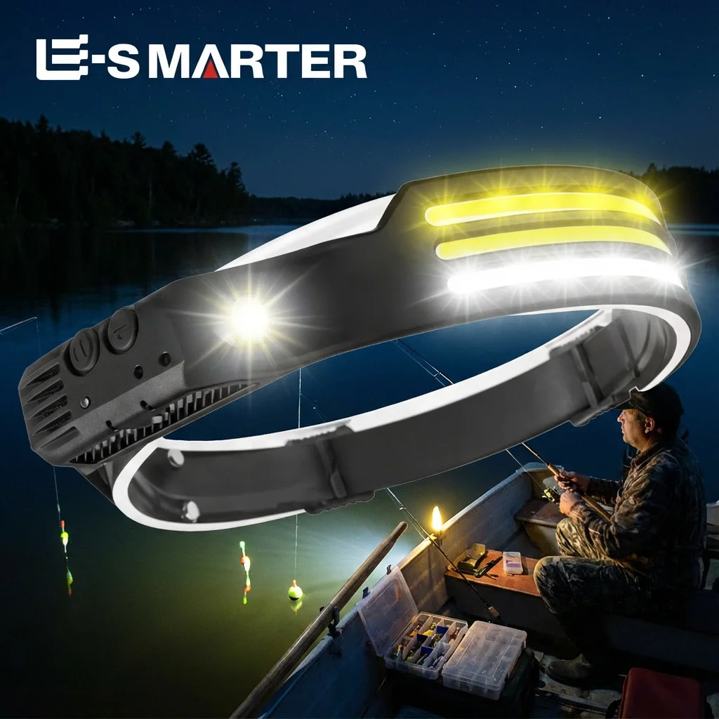 USB Rechargeable Head Torch COB LED Sensor Head Lamp Induction Headlamp Built-in Battery Flashlight 5 Lighting Modes Headlight