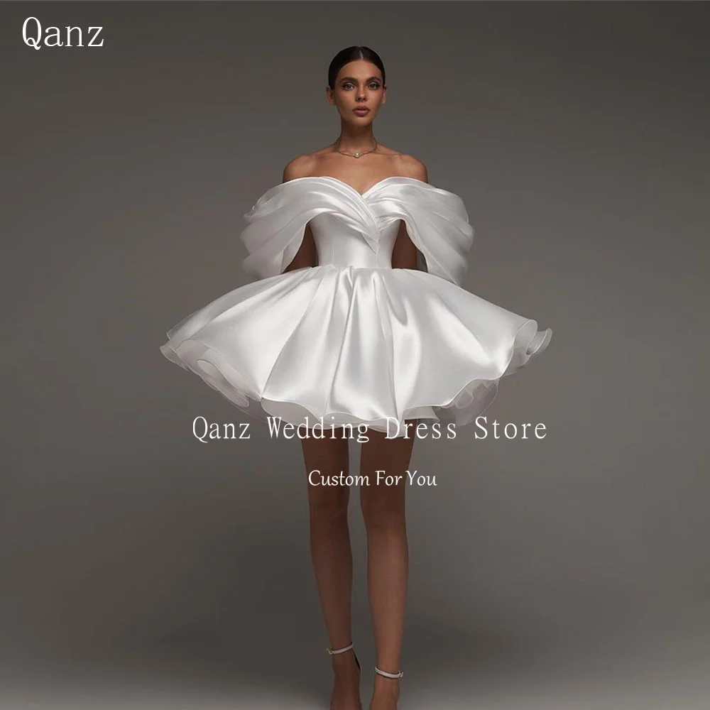

Qanz Короткое свадебное платье трапециевидной формы из атласа с открытыми плечами Платья невесты Мини-вечерние платья Платье на день рождения Vestido de novia по индивидуальному заказу