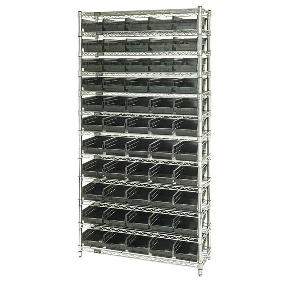 

Single-Sided Sloped Pick Shelving Display Storage Rack 8 Shelves 40 Black Bins Enhance Accessibility & Efficiency Healthcare