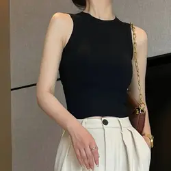 Women's Cropped Solid Color Knitted T-shirt Short Sleeveless Tank Top Slim Pullovers Crop Top Street Style Camisole Sexy Tops