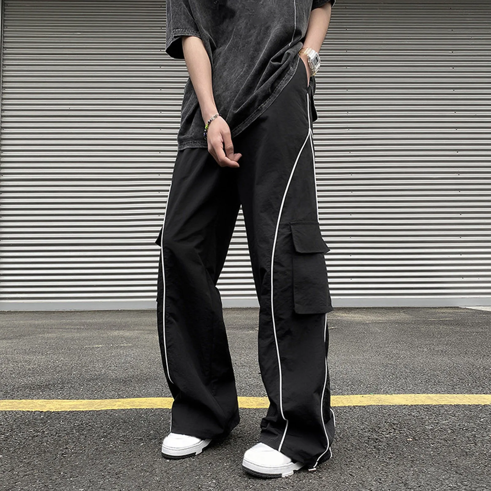 Street Style Hip-Hop Cargo Trousers Daily Causal Sports Jogging Pants Elastic Waist Line Loose Wide Leg Floor Mopping Pants