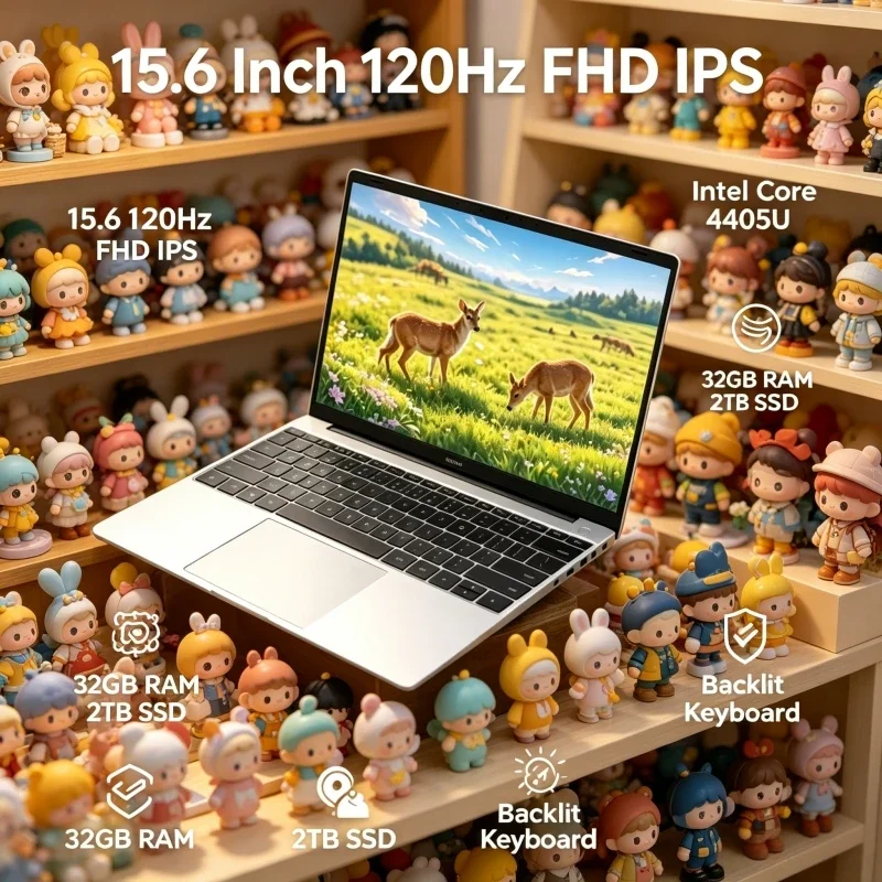 

Chic15.6 Inch Notebook with 120Hz FHD IPS Screen Intel 4405U Chip 32GB Large RAM 2TB Fast SSD Backlit Keyboard & Durable Battery