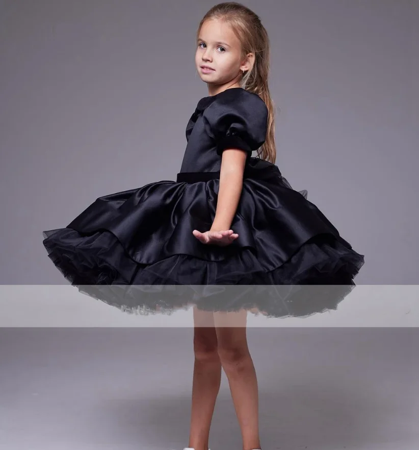 High Quality Black Flower Girl Dresses with Belt Short Sleeve Knee Length Christmas Gowns 2024 New Birthday Party Dresses