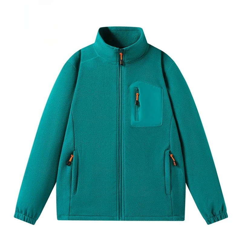 Full Zip Up Fleece Jacket Unisex Patchwork Pocket Polar Fleece Stand-up Collar Coats Thicken Windproof Sportswear Inside Coats