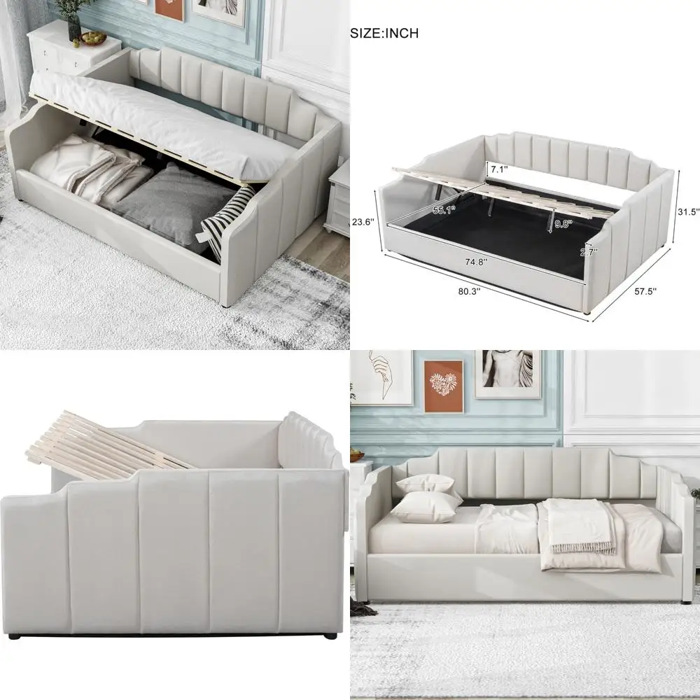 أريكة سرير نهارية منجدة بالحجم الكامل مع مساحة تخزين، وإطار سرير نهاري زاوية لغرفة المعيشة وغرفة النوم، وحل موفر للمساحة #1