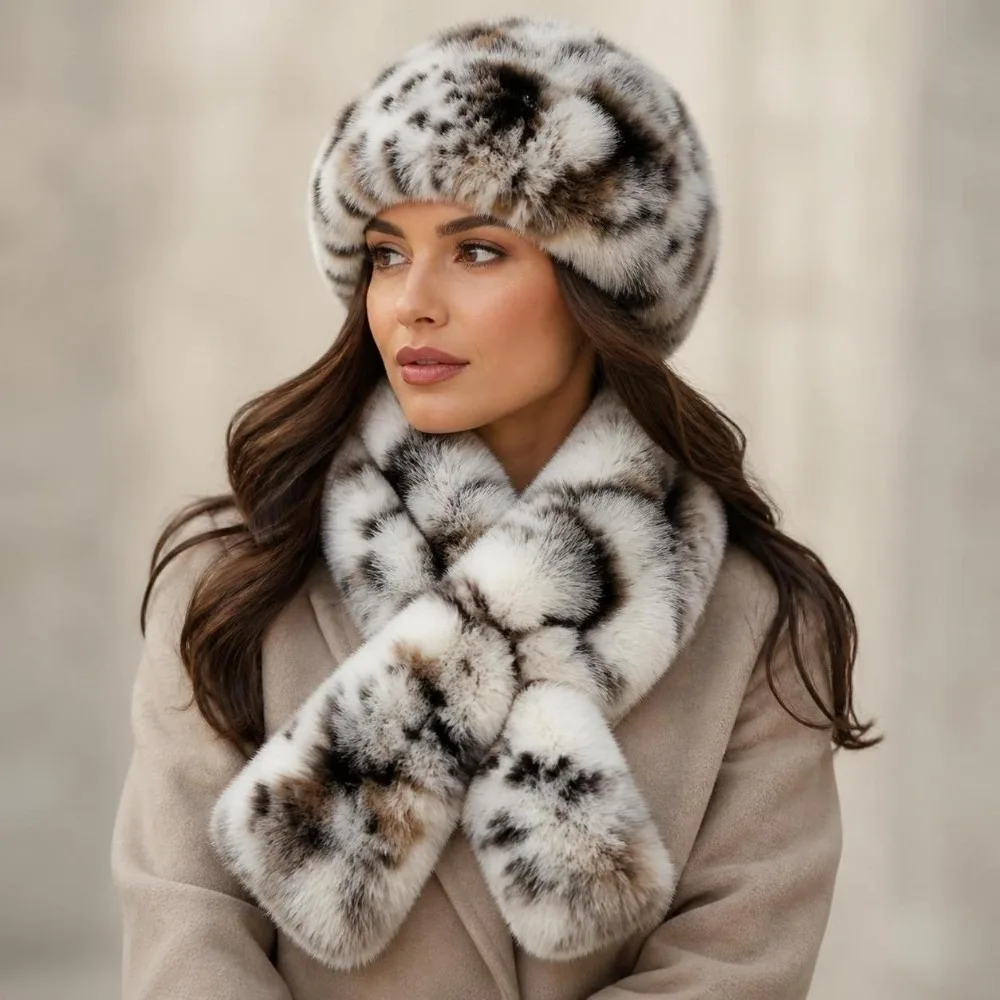 Leopard Faux Fur Hat Scarf Set Thermal Lining Fluffy Beret Hat with Scarf Cross Scarf Style Soft Leopard Print Headwear Set