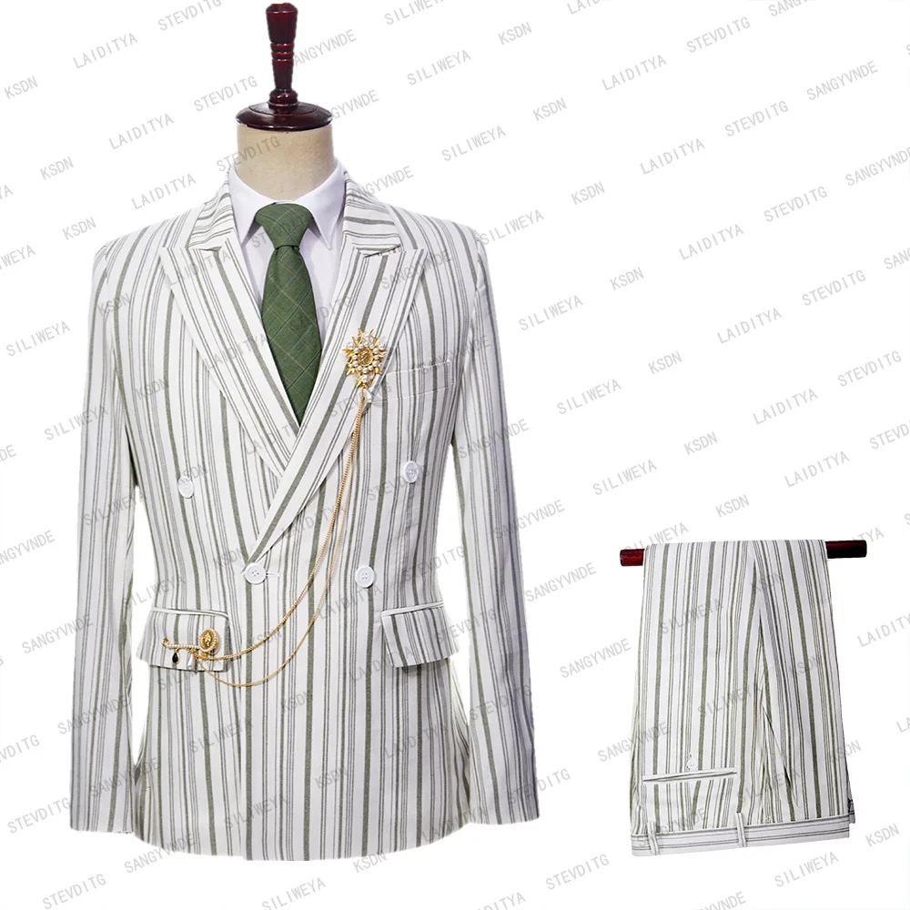 2023 Spring Green White Striped Linen Casual Slim Fit Men's Suit Jacket Pants  2-piece Set (Jacket+Pants）