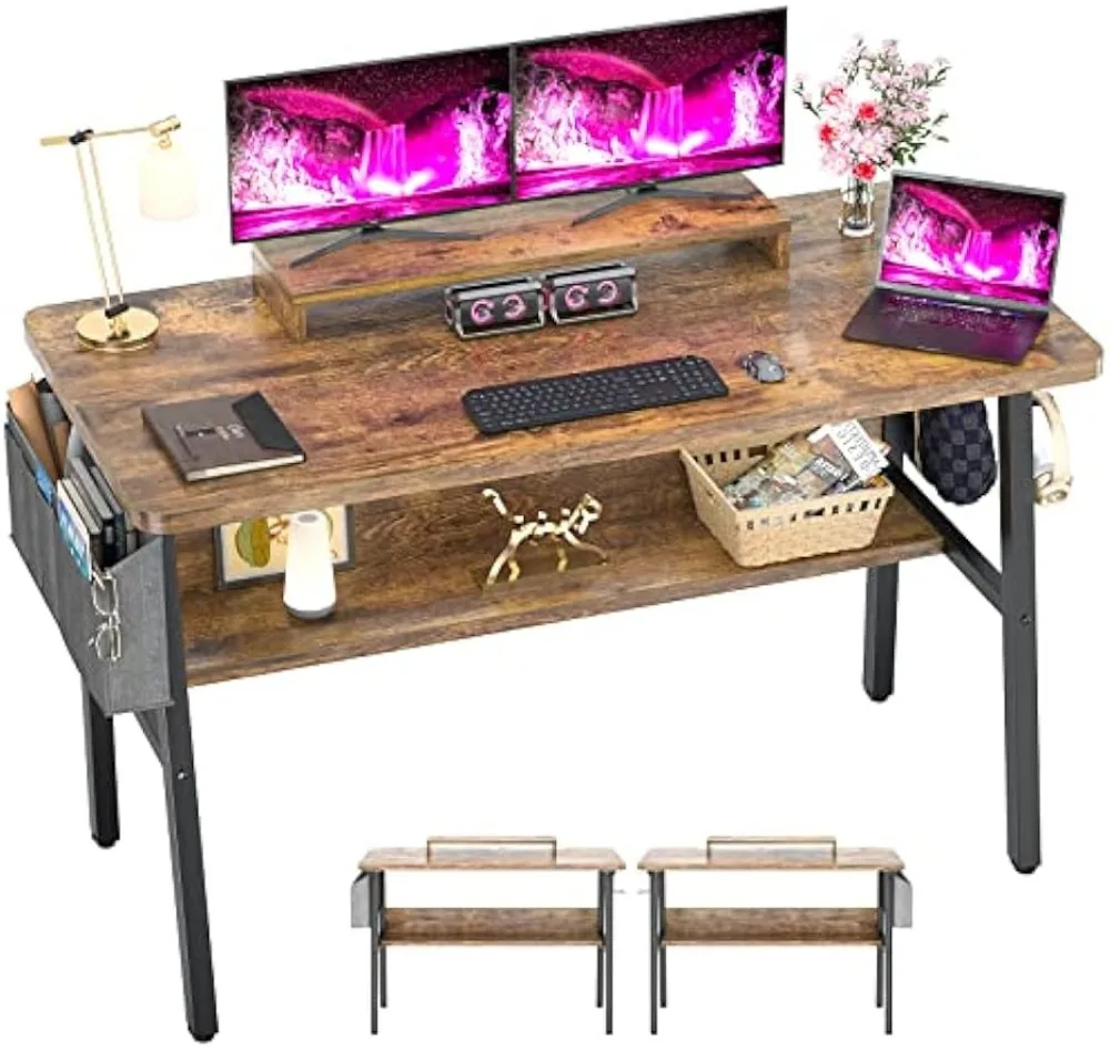 55 Inch Computer Desk, Desk with Monitor Stand, 55.2'' Office Laptop Table with Bookshelves, Study Writing Desk with Storage Bag